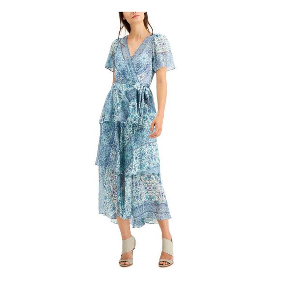 CALVIN KLEIN Womens Teal Belted Tiered Chiffon Tie Short Sleeve Dress 2 - Picture 1 of 1